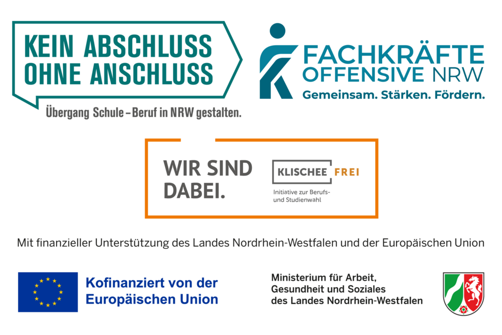 Logo KAoA, Initiative Klischeefrei, ESF und Ministerium für Arbeit, Gesundheit und Soziales in NRW