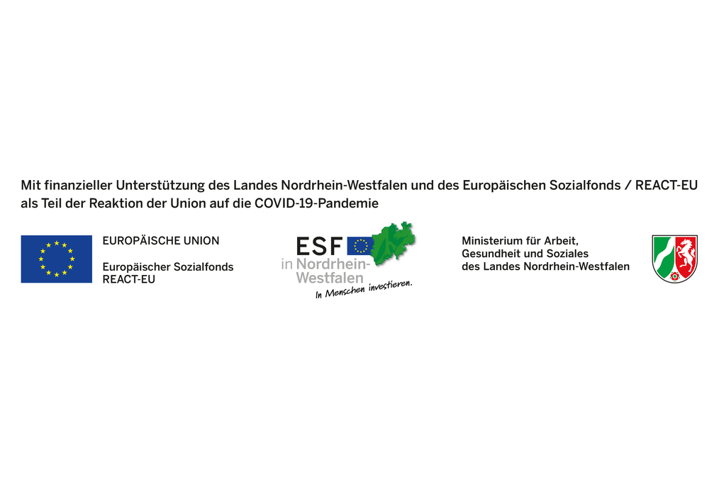 Logo der Europäischen Union, ESF, NRW-Ministerium für Arbeit, Gesundheit, Soziales
